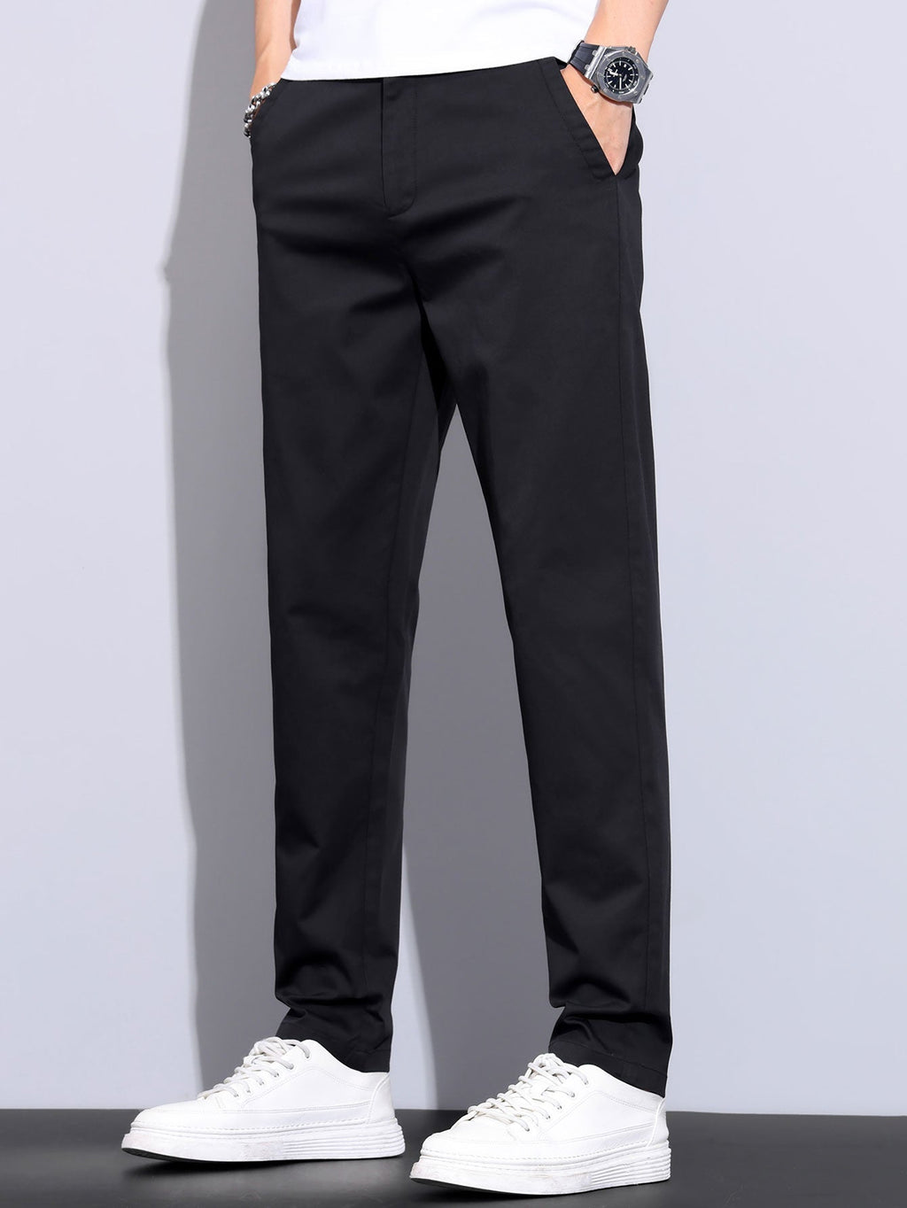Contrast Textured Johnny Collar Knit Polo & Elastic Waist Straight Leg Trousers