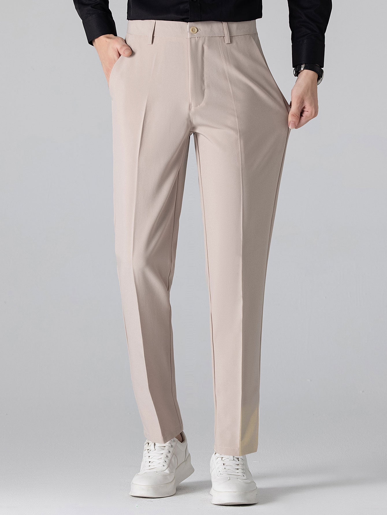 Stripe Johnny Collar Knit Polo & Slim Fit Tapered Trousers