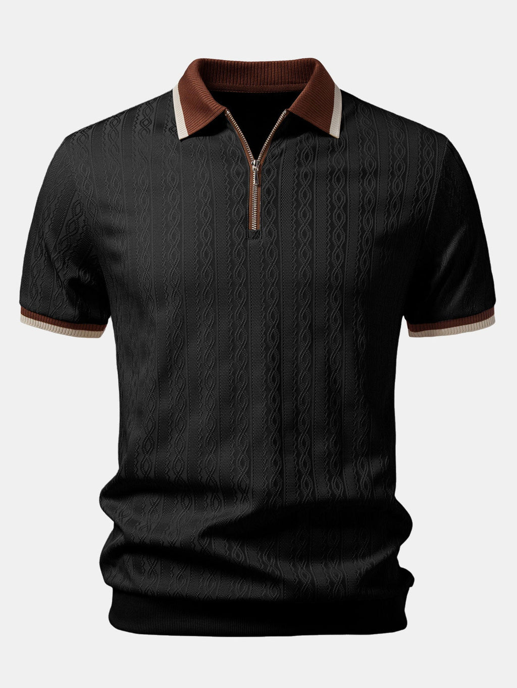 Contrast Trim Textured Zipper Knit Polo & Elastic Waist Chino Shorts