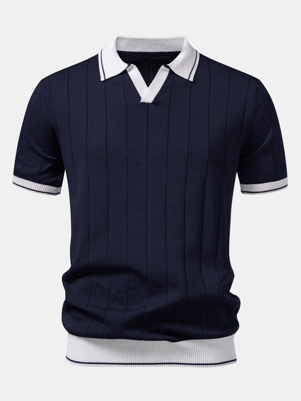 Contrast Trim Ribbed Johnny Collar Knit Polo & Straight Leg Ribbed Pants