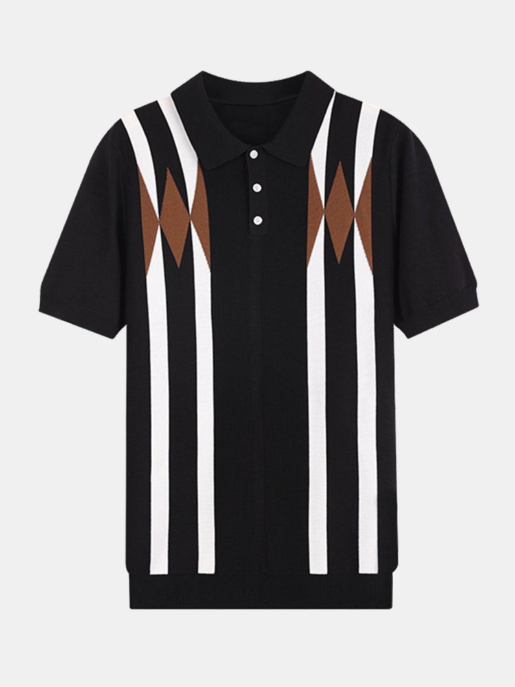 Stripe Geometric Jacquard Knitted Polo Shirt & Cotton Chino Shorts