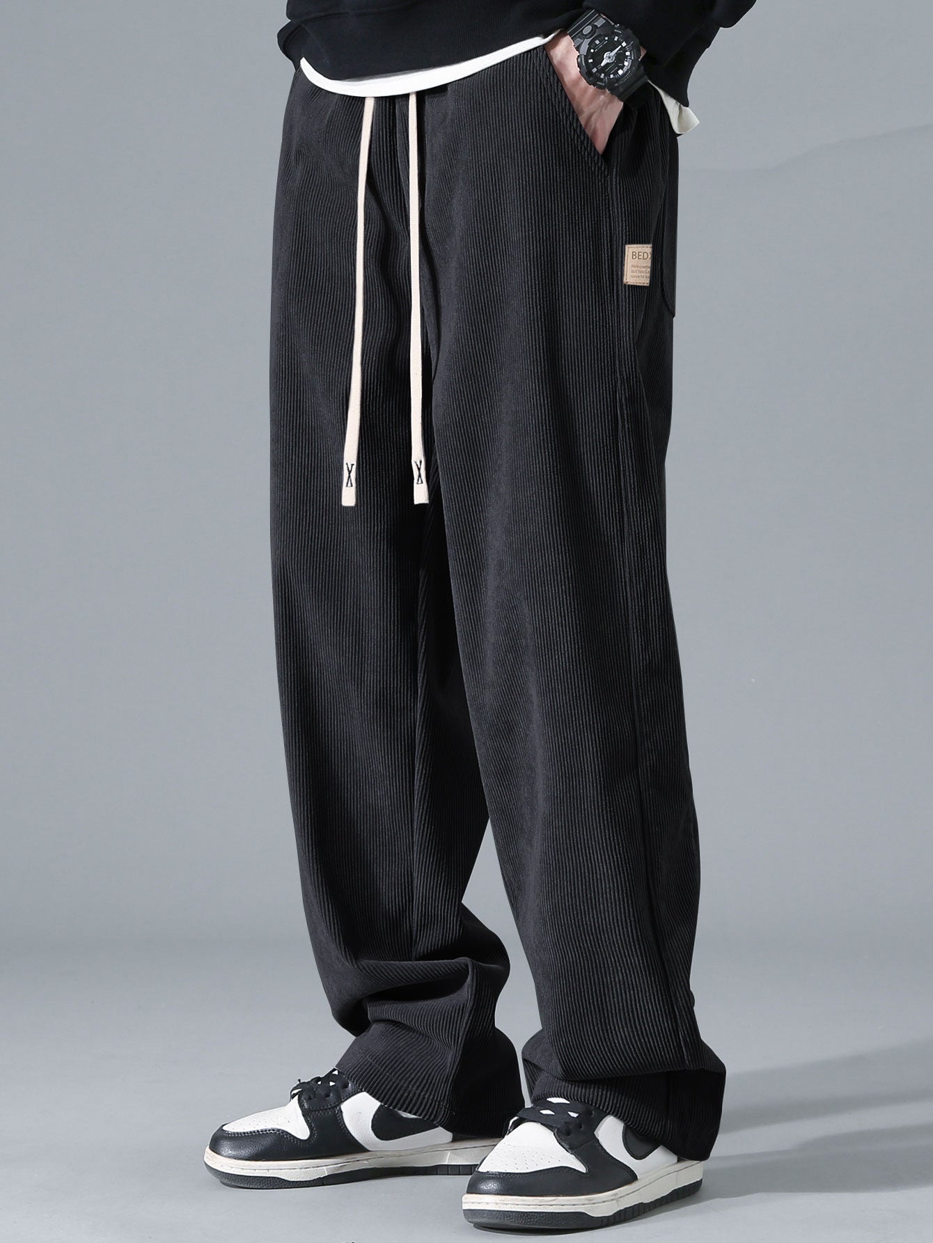 Relax Fit Contrast Corduroy Polo Collar Sweatshirt & Straight Leg Corduroy Pants