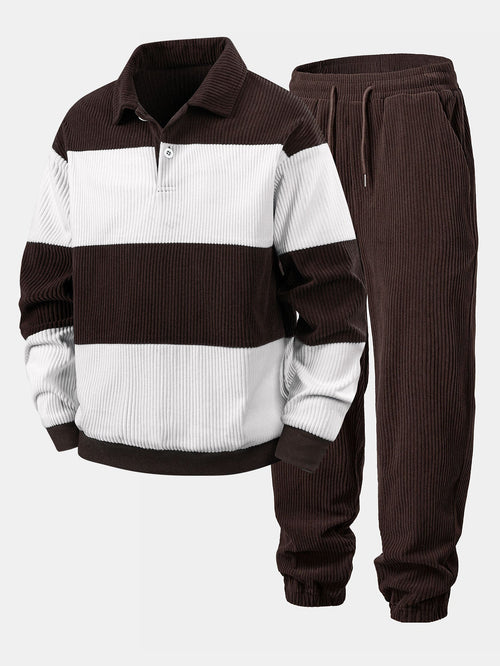 Contrast Corduroy Polo Sweatshirt & Corduroy Jogger Pants