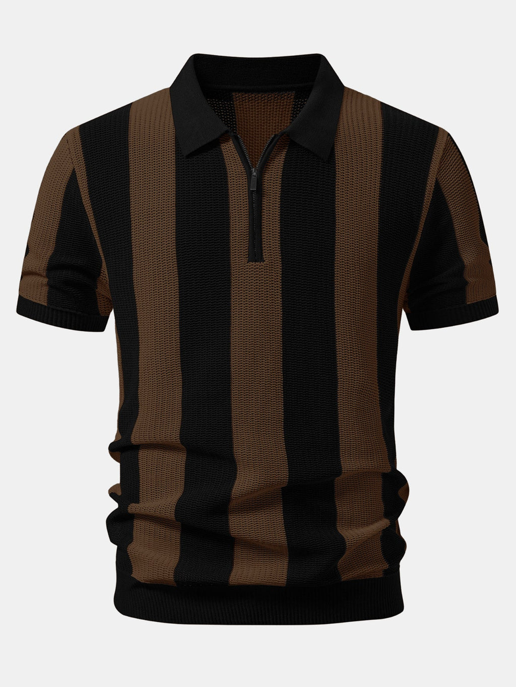 Stripe Zipper Open Knit Polo & Straight Leg Linen Pants