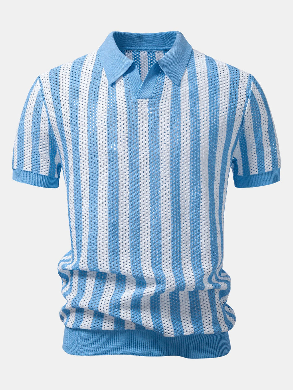 Stripe Johnny Collar Open Knit Polo & Straight Leg Linen Pants