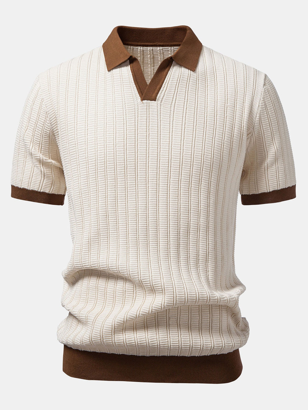 Contrast Textured Johnny Collar Knit Polo & Crinkle Textured Straight Leg Pants