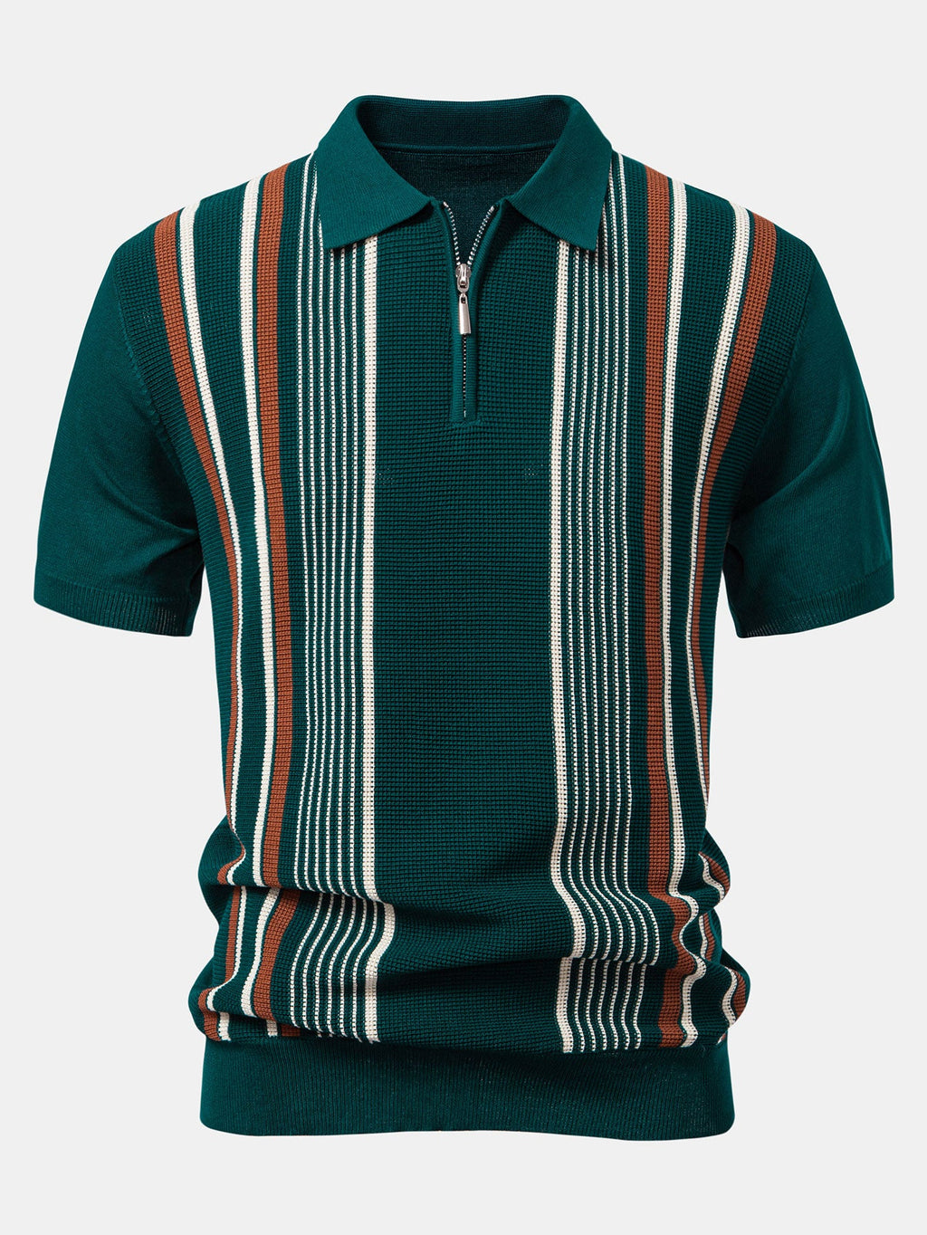 Stripe Knit Zip Up Polo Shirt & Straight Leg Linen Pants