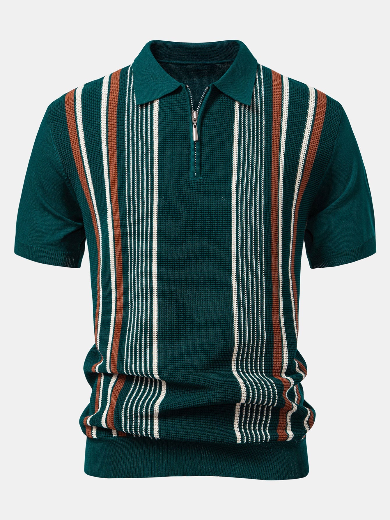Stripe Knit Zip Up Polo Shirt & Cotton Chino Shorts