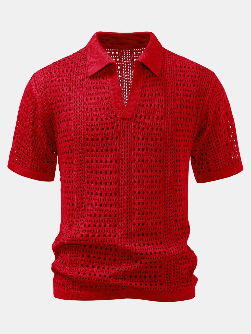 Crochet  V Neck Polo Shirt & Crinkle Textured Drawstring 5" Shorts