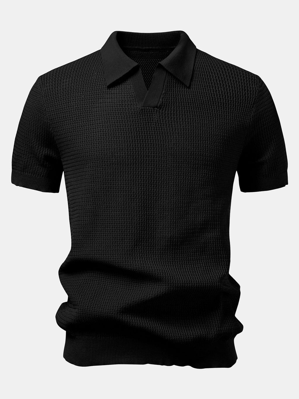 Textured Johnny Collar Crocheted Knit Polo & Crinkle Textured Straight Leg Pants