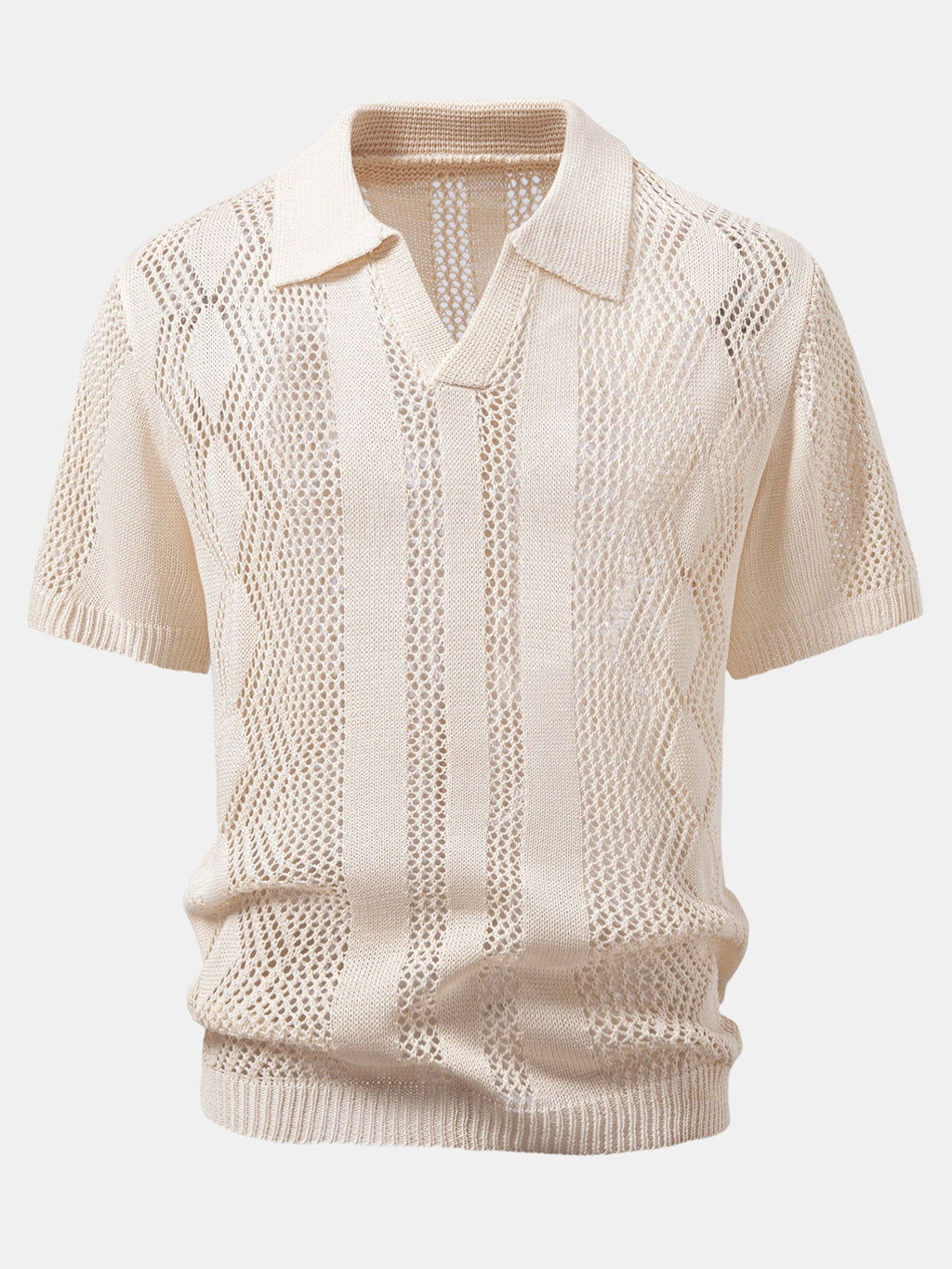 Relax Fit Geometry Crochet V Neck Knit Polo & Straight Leg Linen Pants