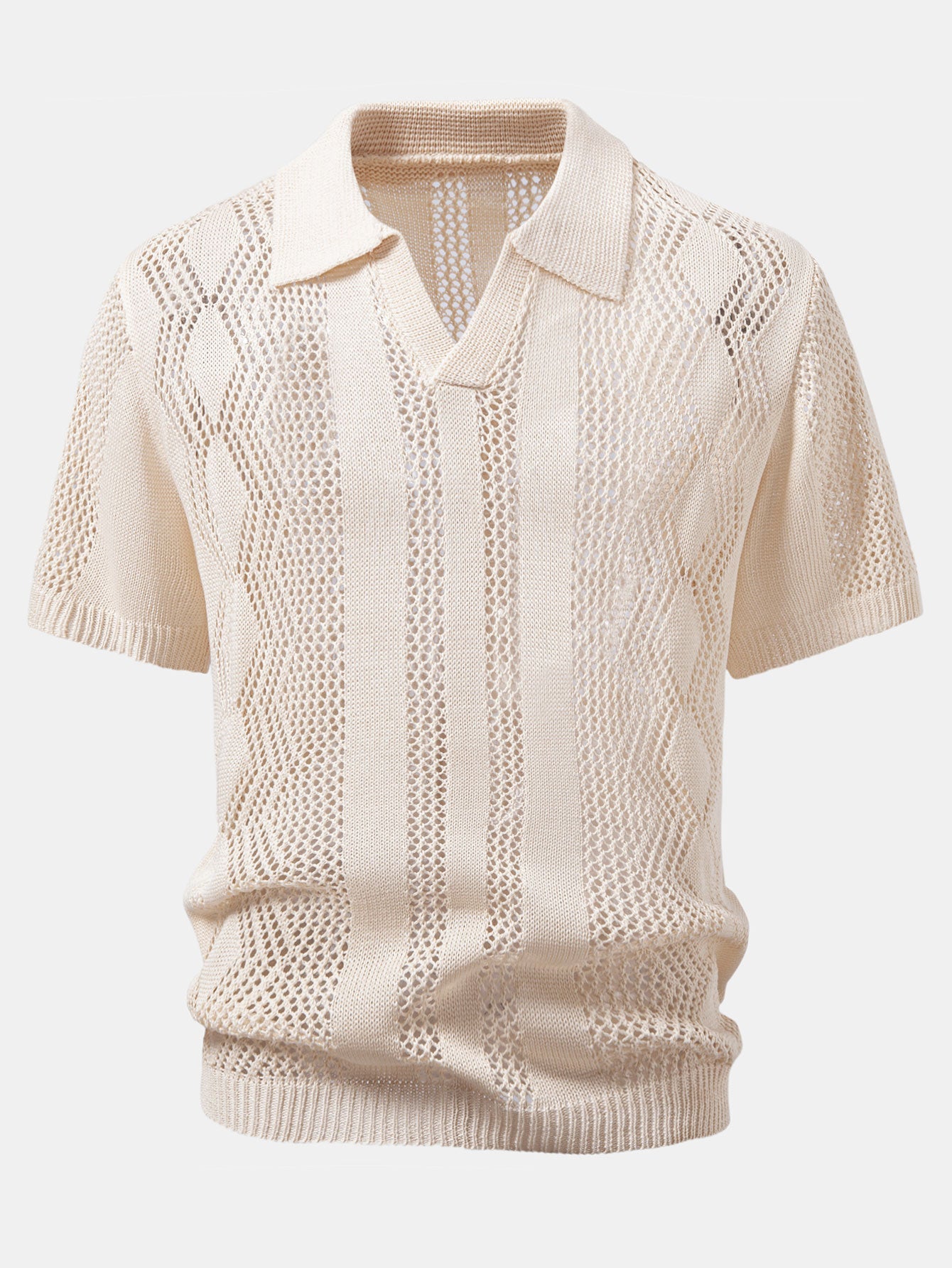 Relax Fit Geometry Crochet V Neck Knit Polo & Straight Leg Linen Pants