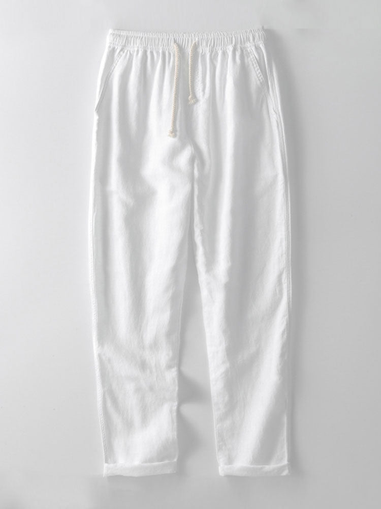 Relax Fit Crochet V Neck Knit Polo & Straight Leg Linen Pants