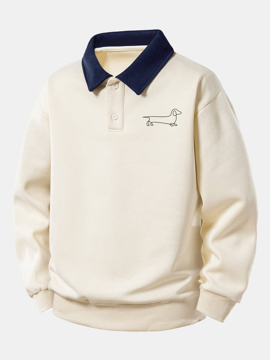 Relax Fit Line Dachshund Print Contrast Polo Sweatshirt & Straight Leg Pleated Pintuck Sweatpants