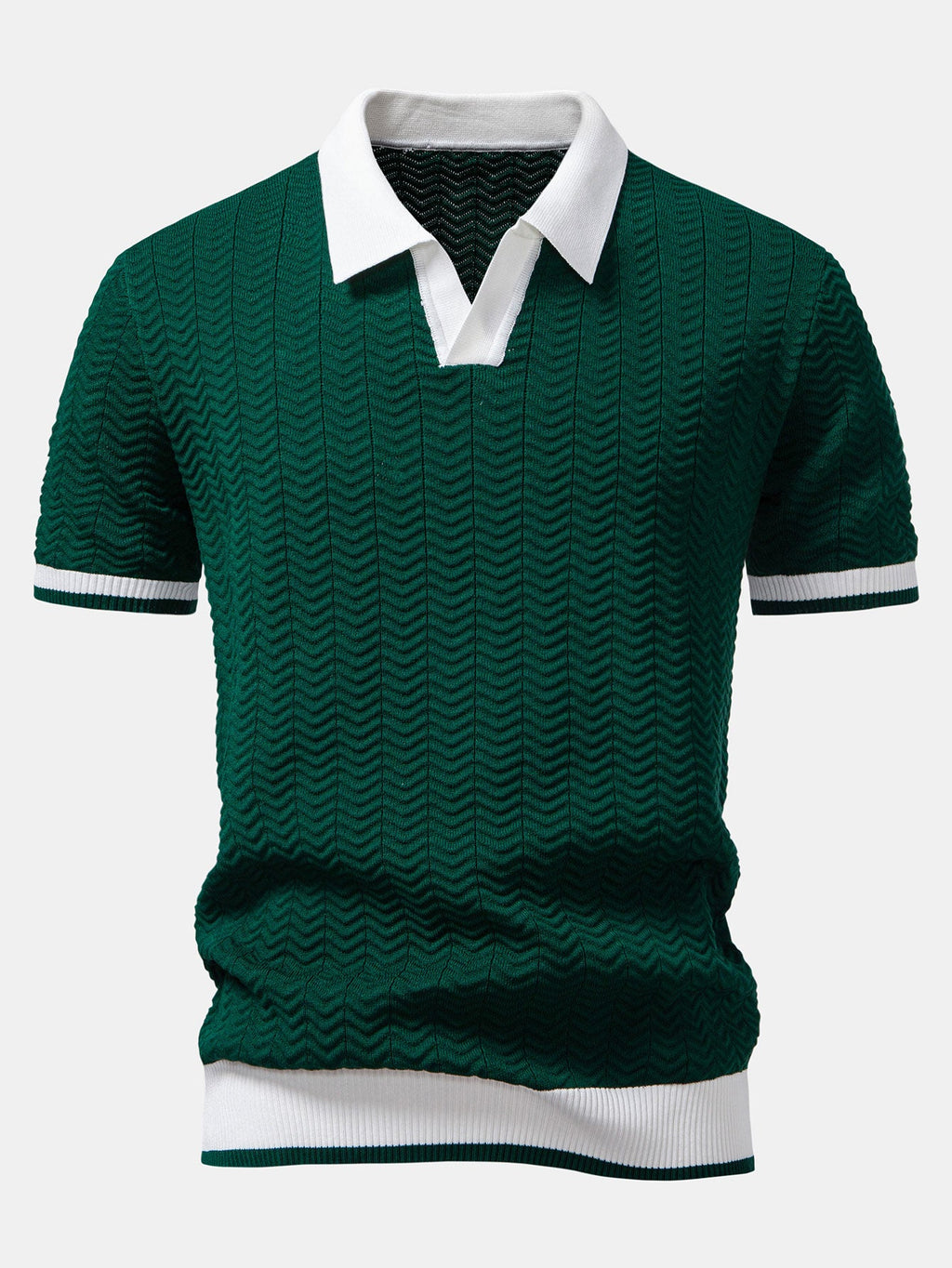 Texture Contrast Knitted V Neck Polo Shirt & Elastic Waist Chino Shorts