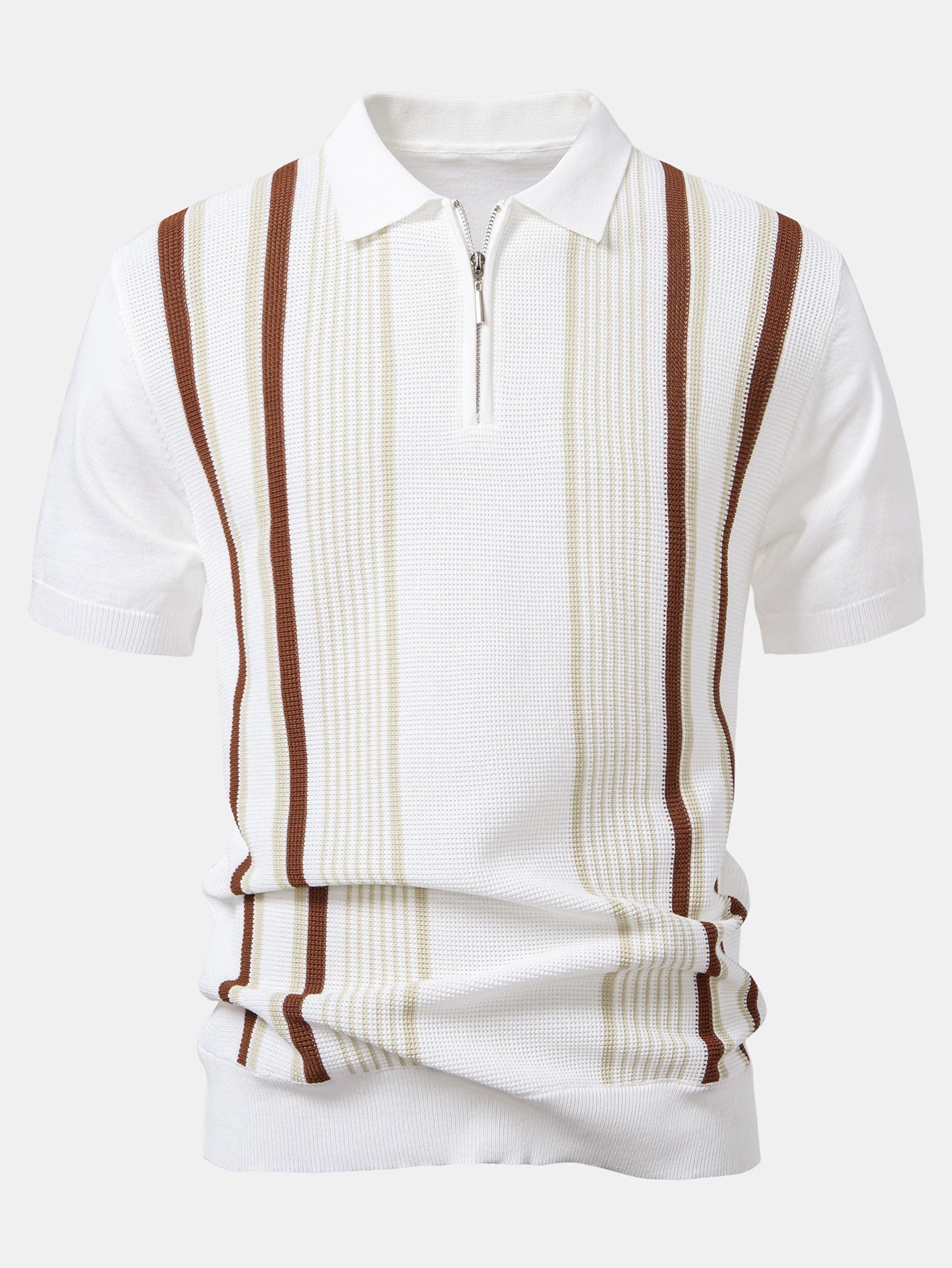Stripe Knit Zip Up Polo Shirt & Straight Leg Linen Pants