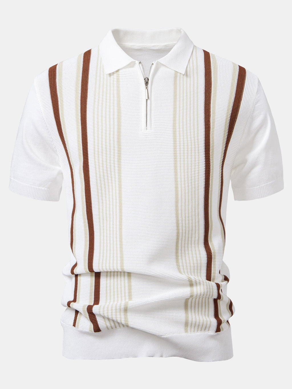 Stripe Knit Zip Up Polo Shirt & Cotton Chino Shorts