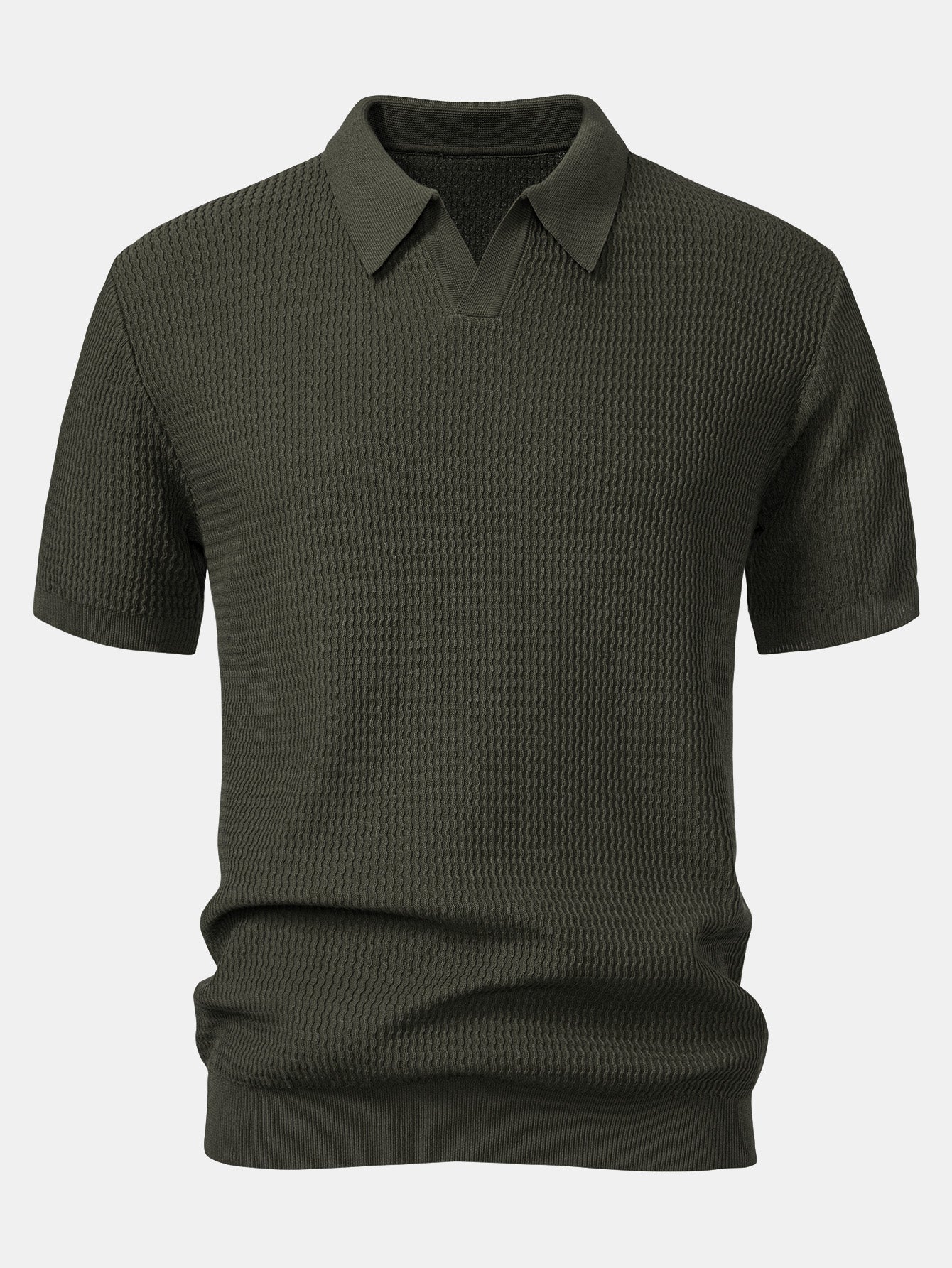 Wave Jacquard Knit V Neck Polo Shirt & Straight Leg Ribbed Pants