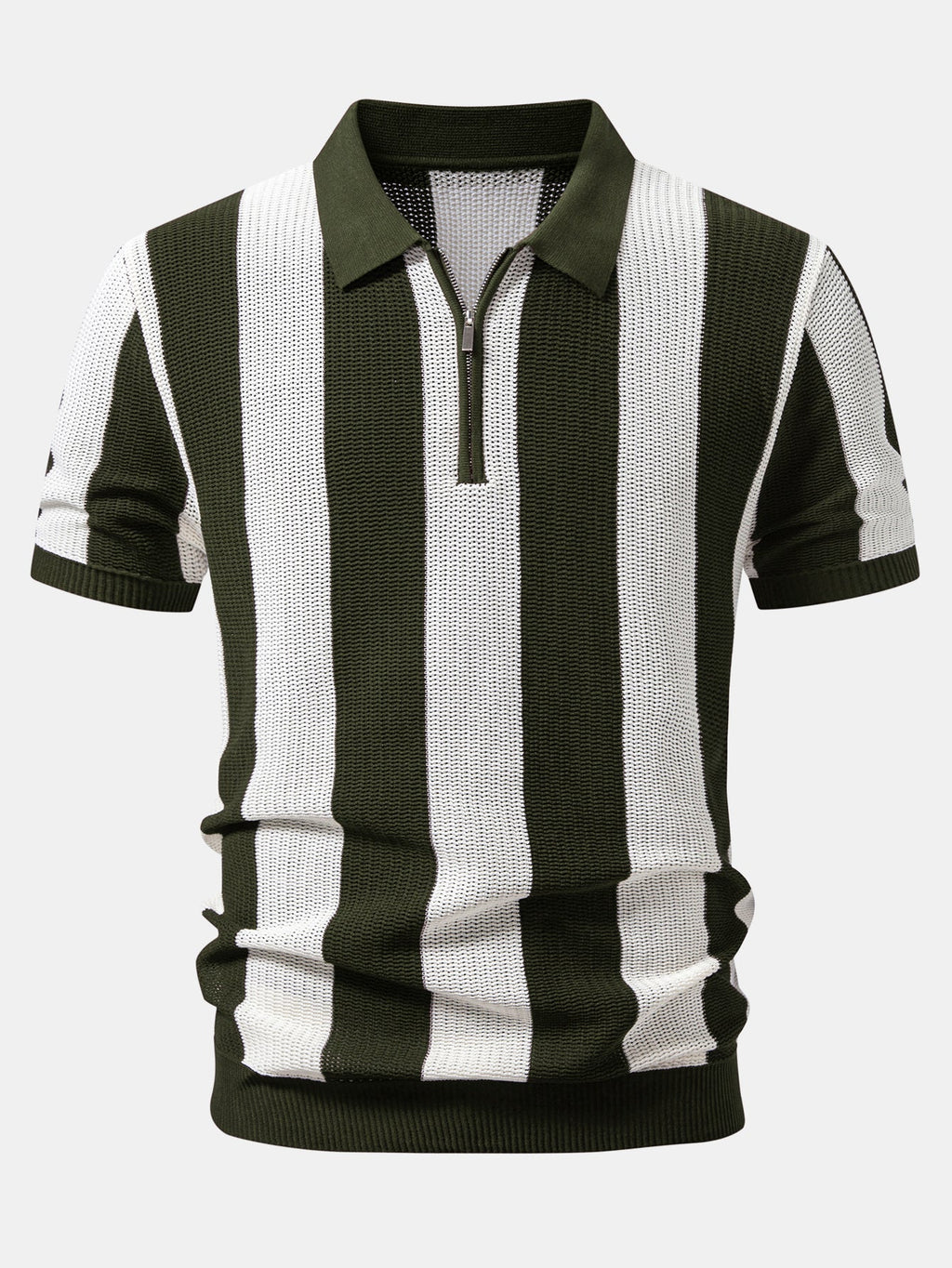 Stripe Zipper Open Knit Polo & Straight Leg Linen Pants