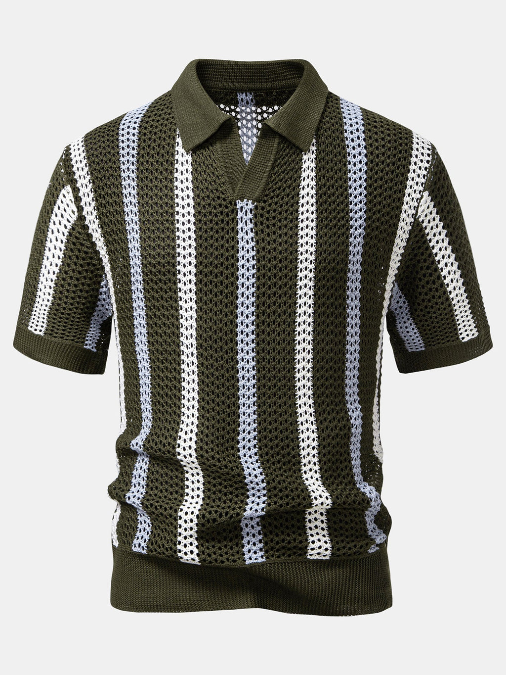 Striped Crochet V Neck Polo & Crinkle Textured Drawstring 5" Shorts