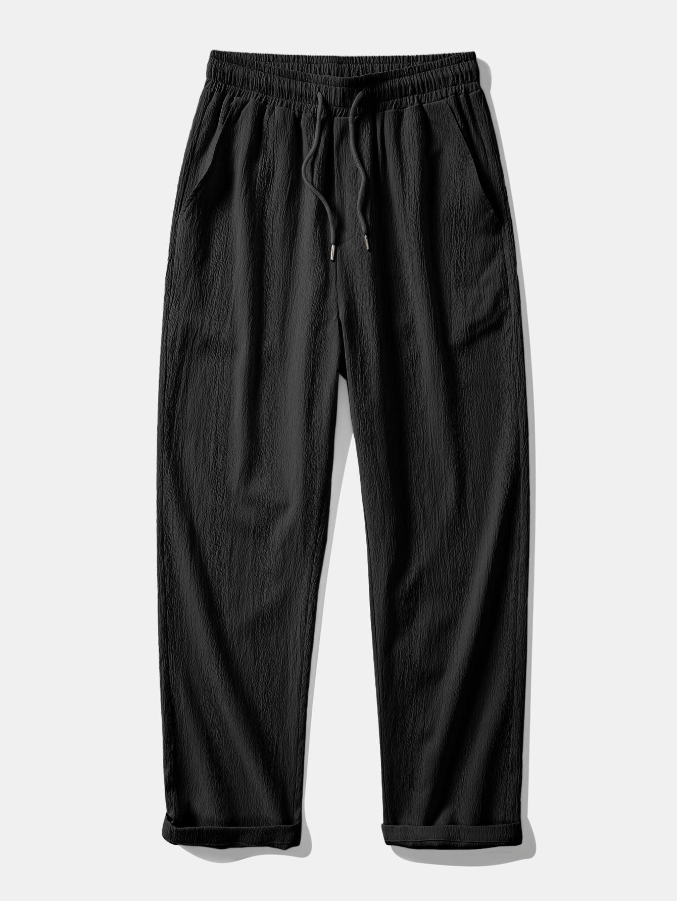 Textured Johnny Collar Crocheted Knit Polo & Crinkle Textured Straight Leg Pants