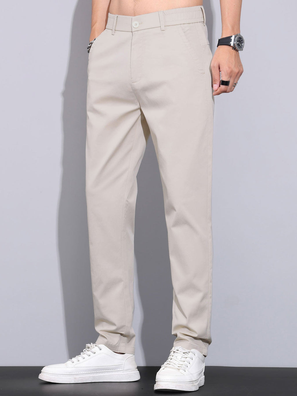 Contrast Trim Ribbed Johnny Collar Knit Polo & Elastic Waist Straight Leg Trousers