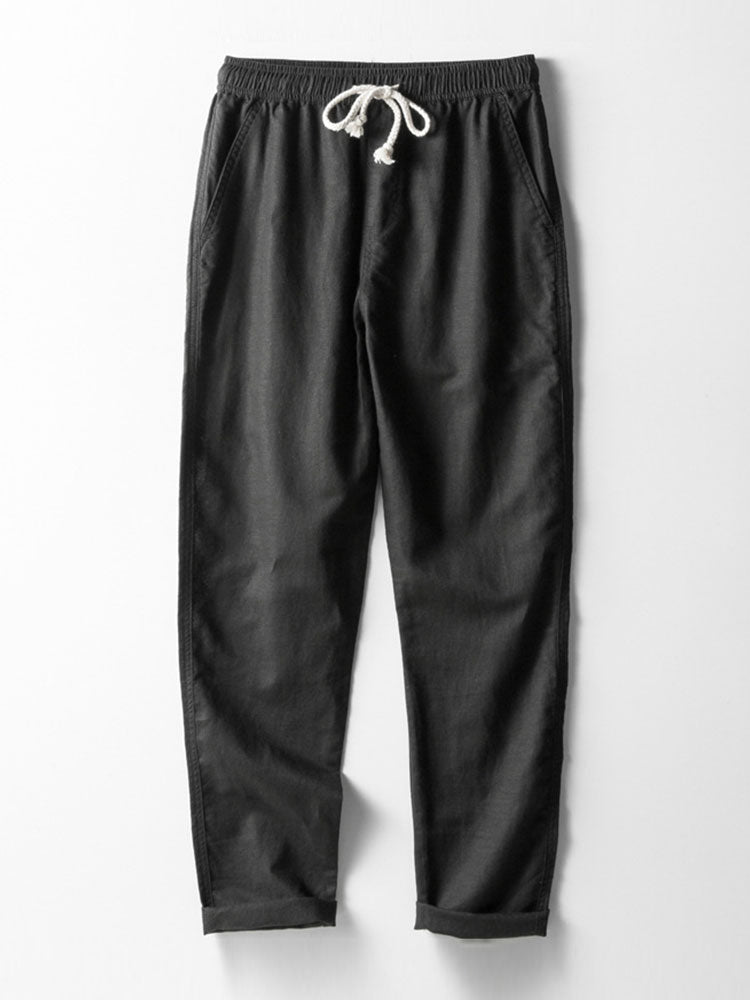 Stripe Knit Zip Up Polo Shirt & Straight Leg Linen Pants