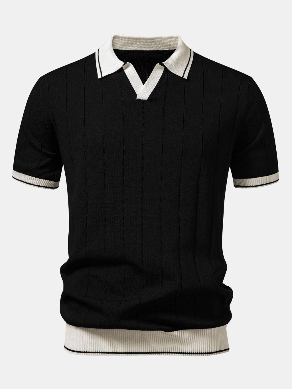 Contrast Trim Ribbed Johnny Collar Knit Polo & Straight Leg Ribbed Pants