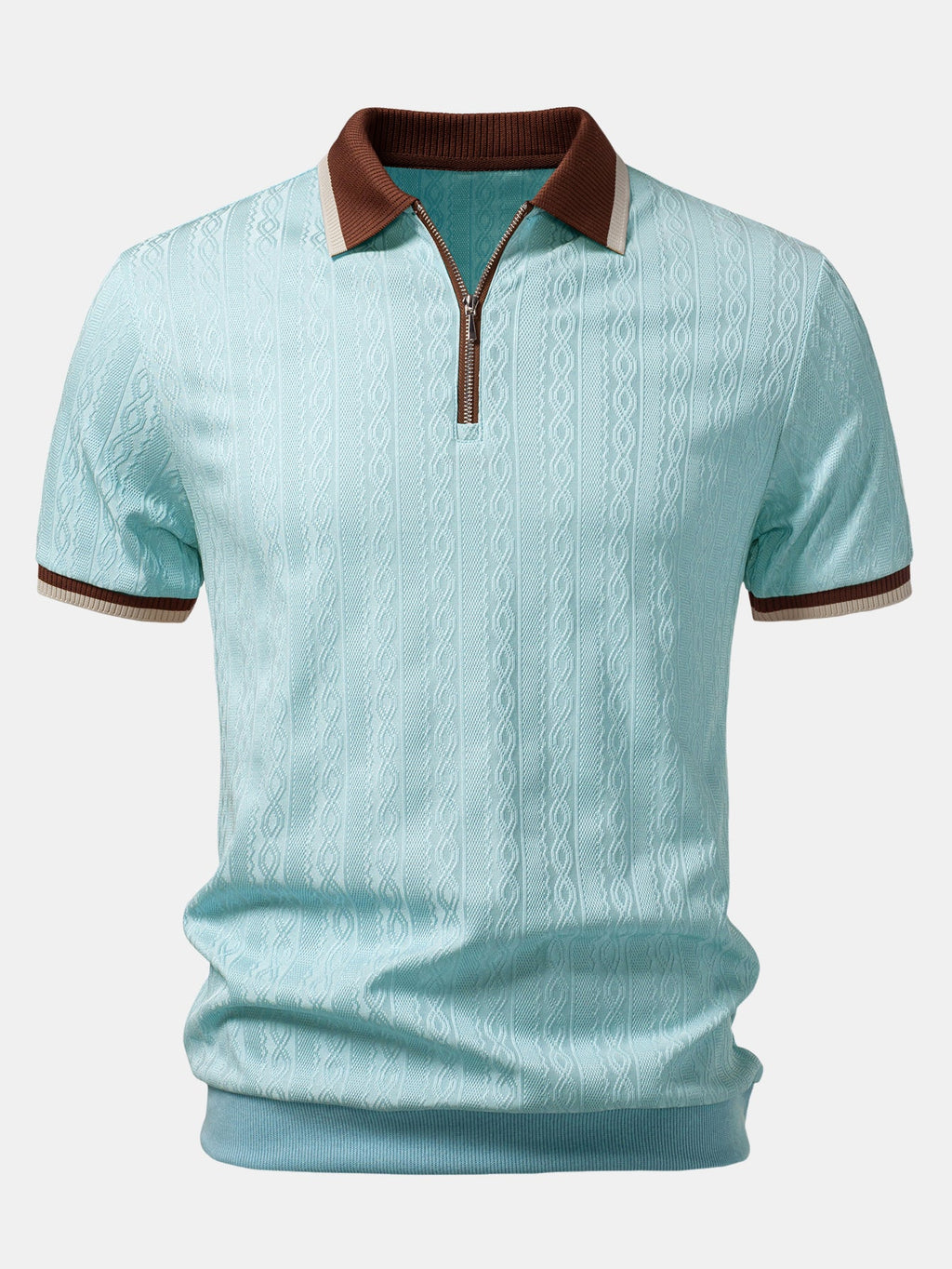 Contrast Trim Textured Zipper Knit Polo & Elastic Waist Chino Shorts