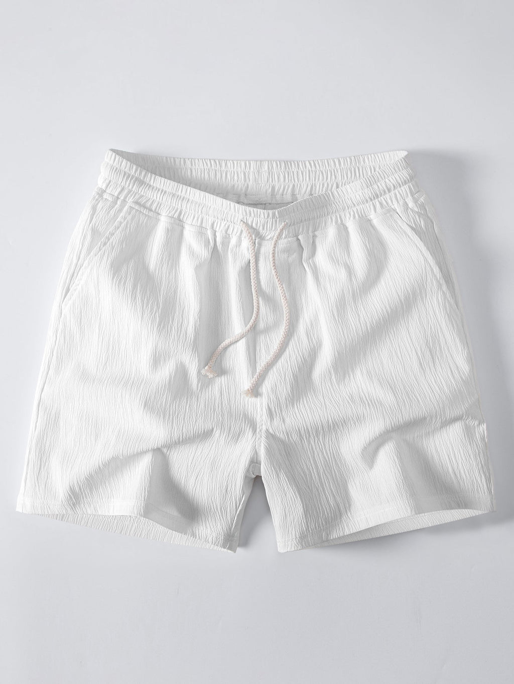 Relax Fit Crocheted V Neck Polo & Crinkle Textured Drawstring 5" Shorts