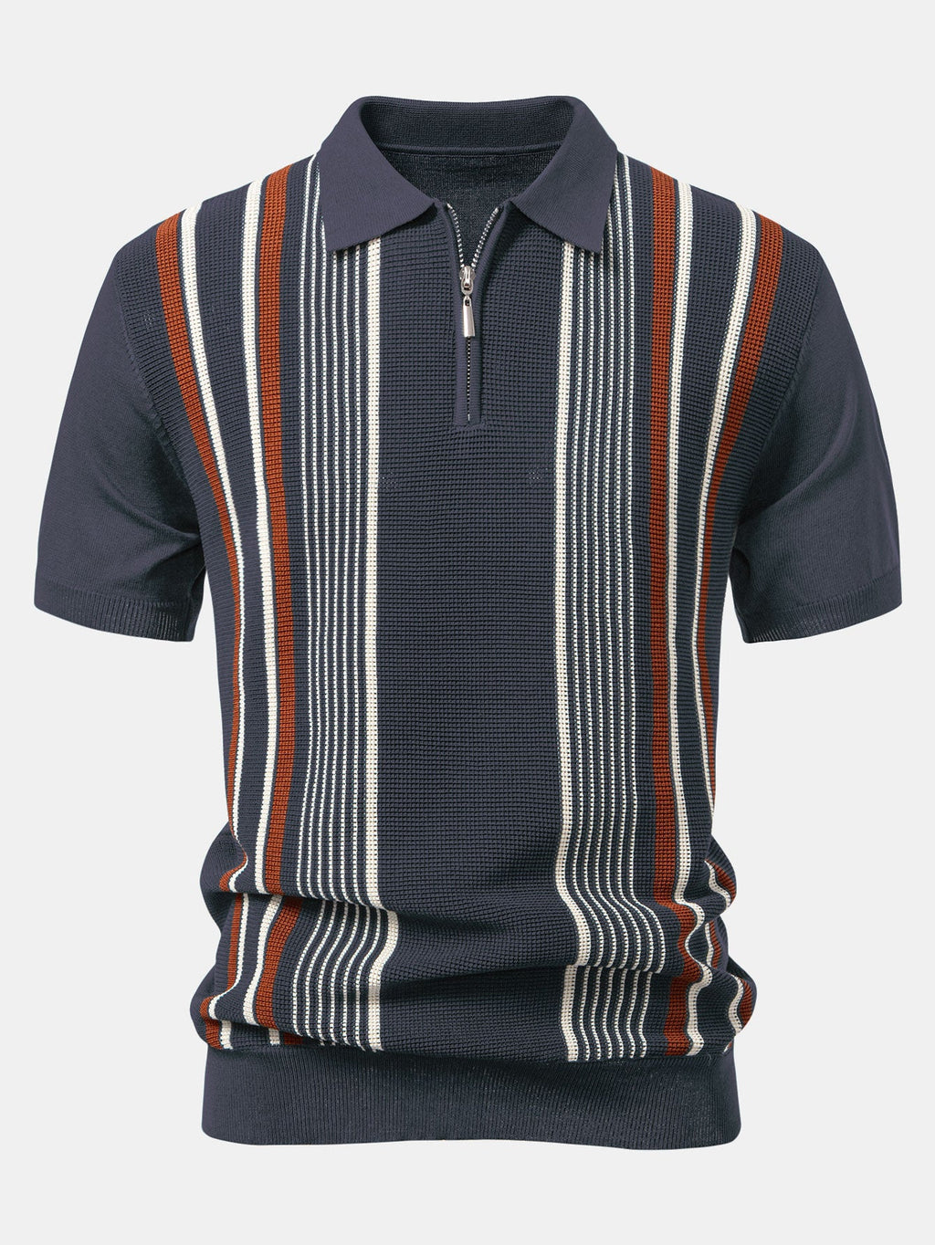 Stripe Knit Zip Up Polo Shirt & Straight Leg Ribbed Pants