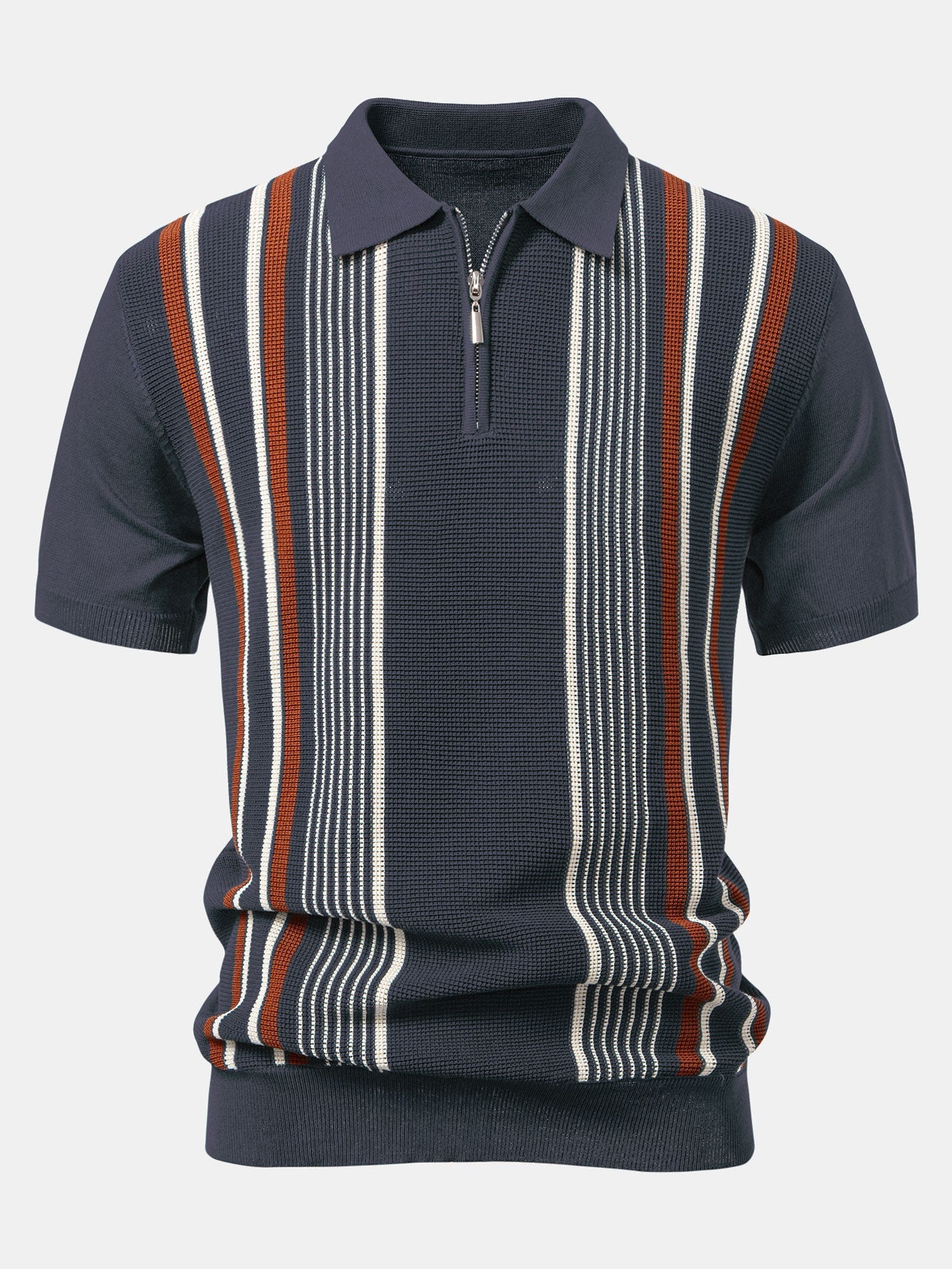Stripe Knit Zip Up Polo Shirt & Cotton Chino Shorts