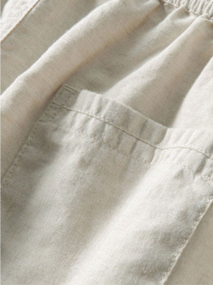 Textured Johnny Collar Crocheted Knit Polo & Straight Leg Linen Pants
