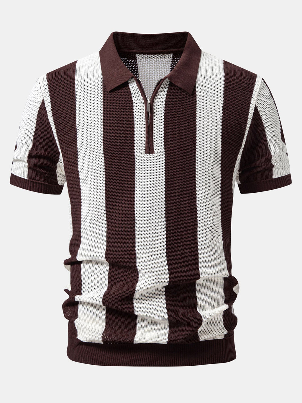 Stripe Zipper Open Knit Polo & Straight Leg Linen Pants