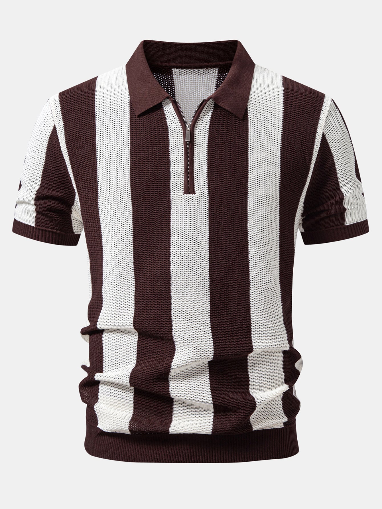 Stripe Zipper Open Knit Polo & Straight Leg Linen Pants