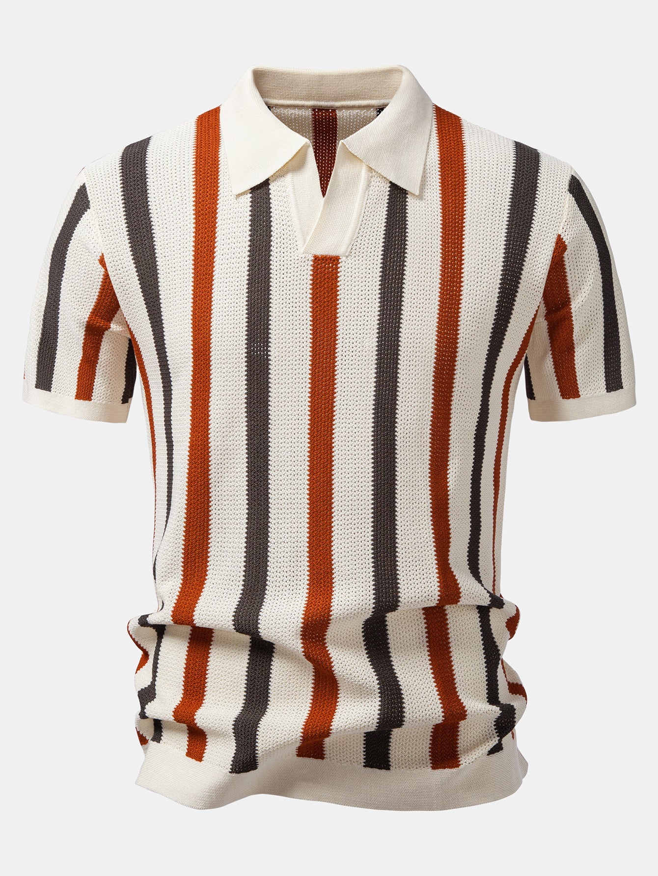 Striped Knit Johnny Collar Polo & Straight Leg Linen Pants
