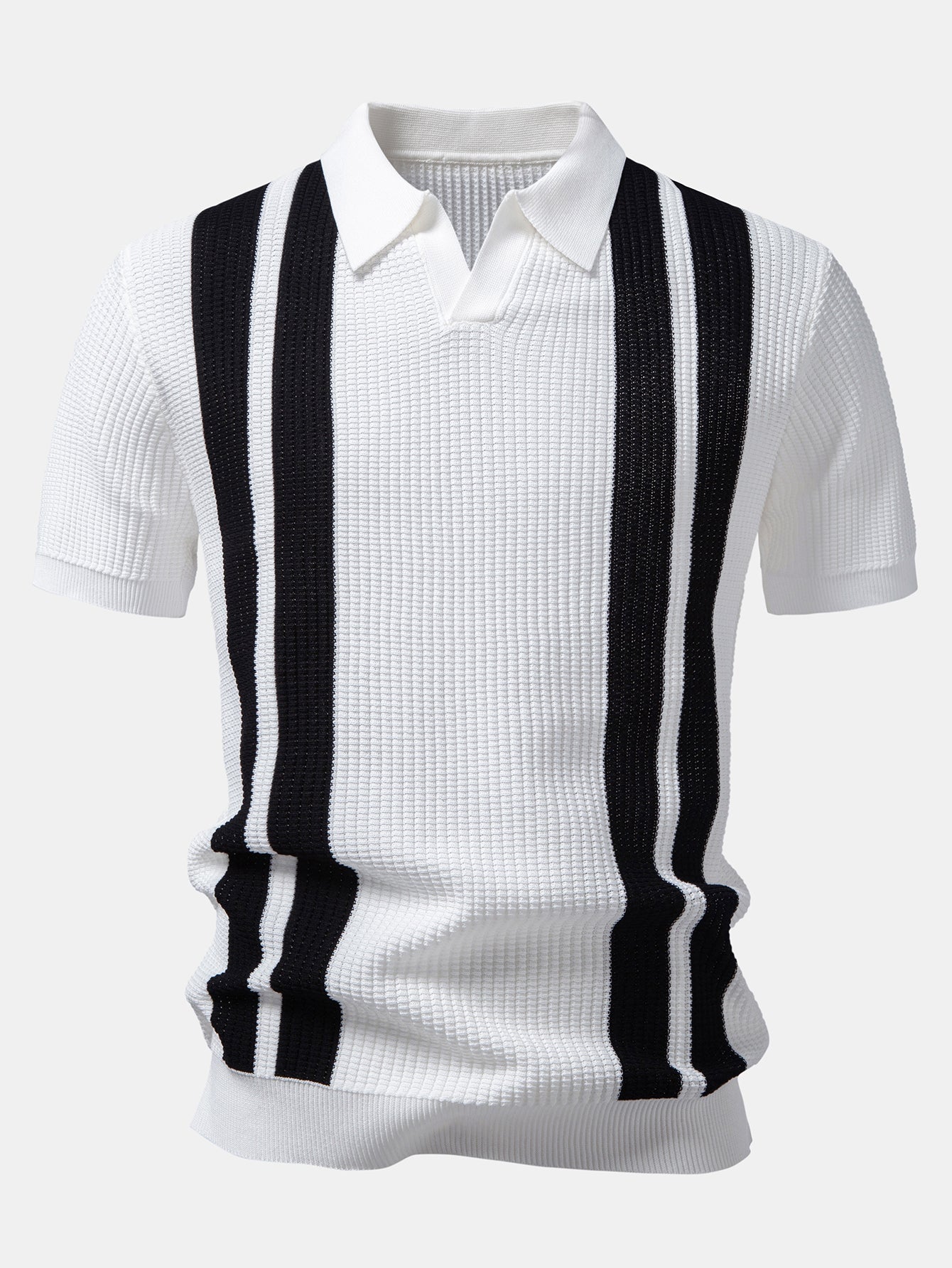 Stripe Johnny Collar Knit Polo & Straight Leg Ribbed Pants