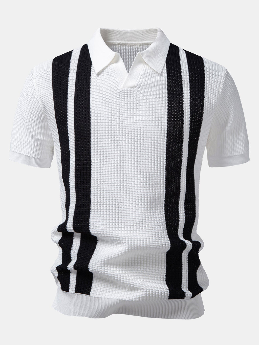 Stripe Johnny Collar Knit Polo & Drawstring Knitted Waffle Pants