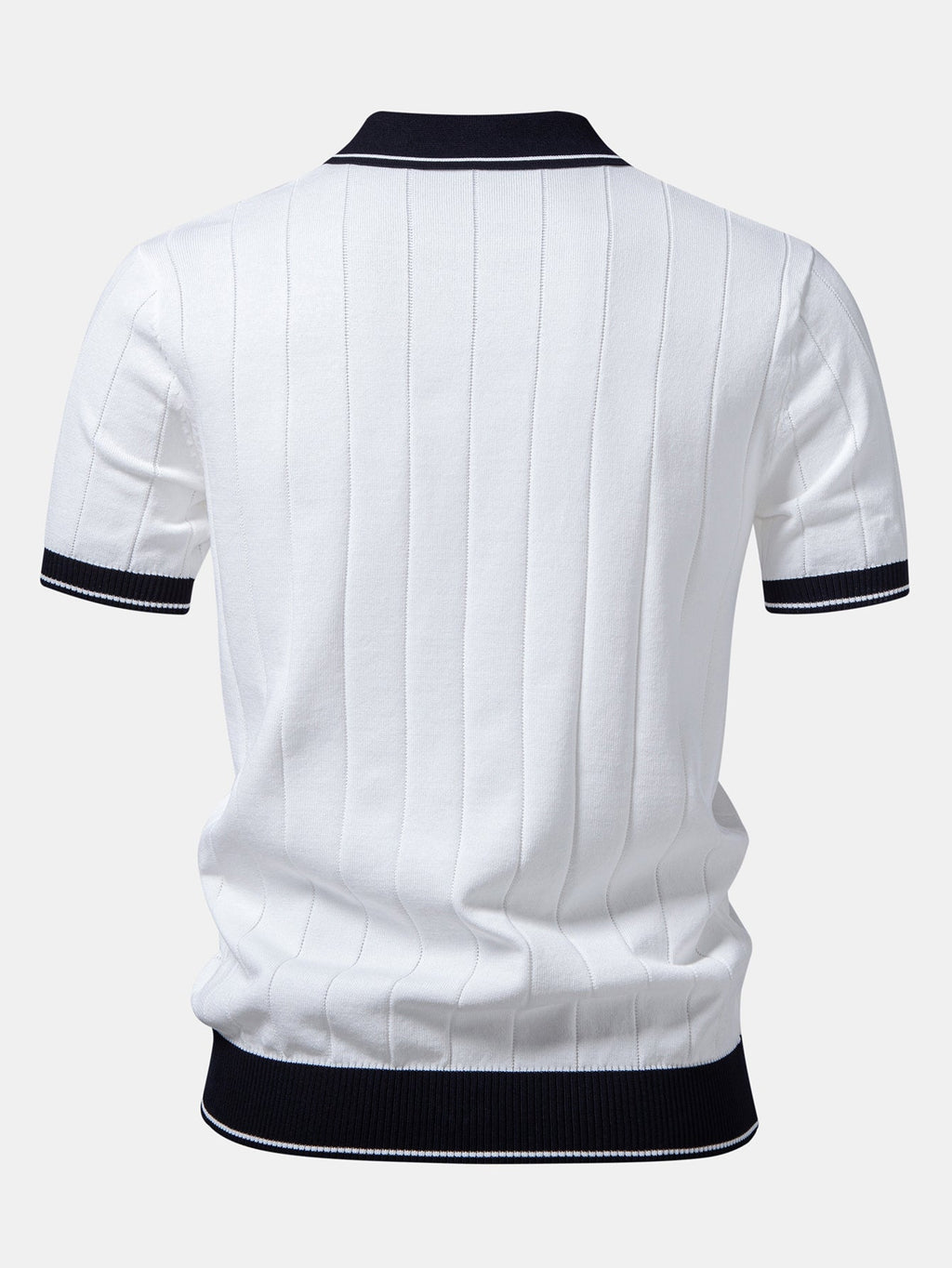 Contrast Trim Ribbed Johnny Collar Knit Polo & Elastic Waist Chino Shorts