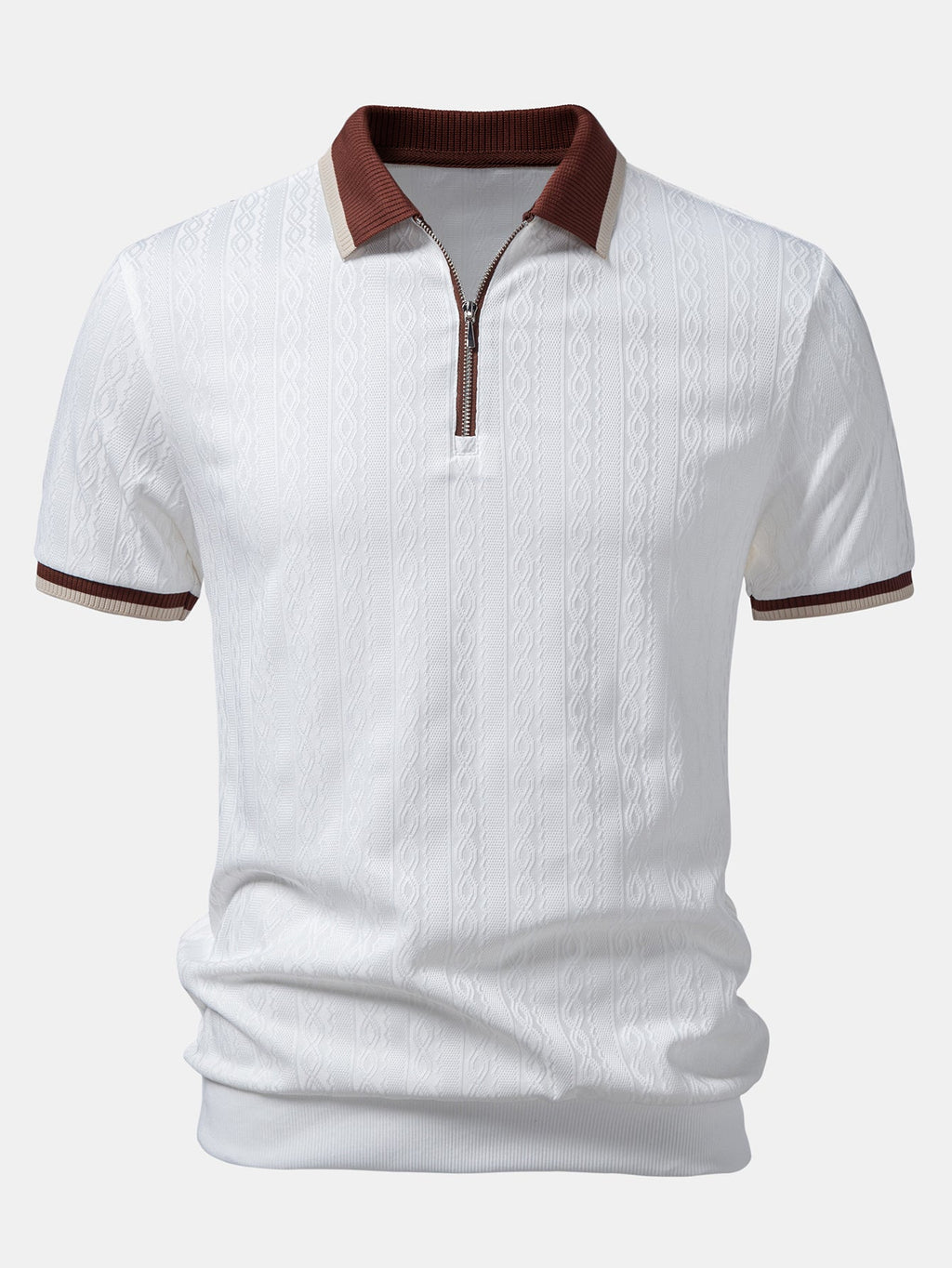 Contrast Trim Textured Zipper Knit Polo & Elastic Waist Chino Shorts