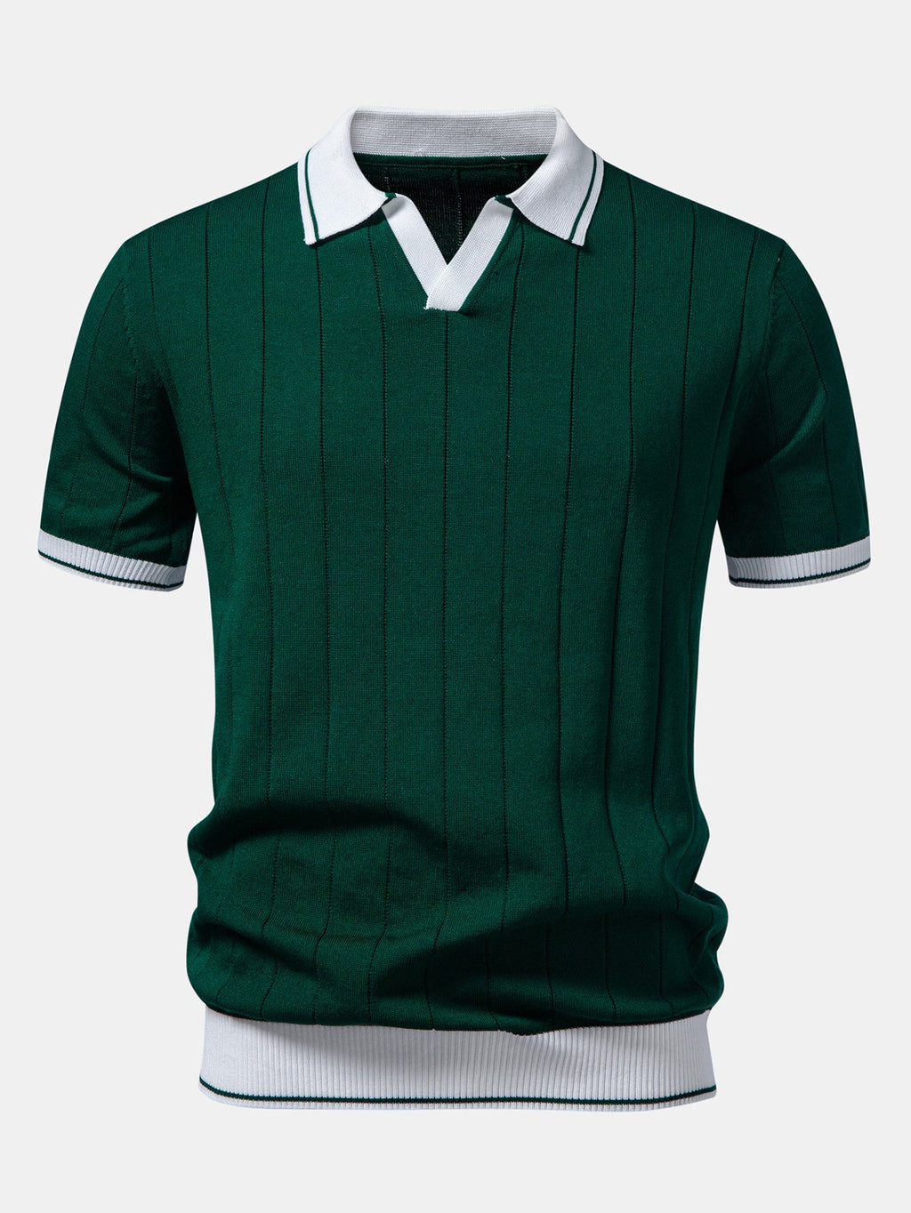 Contrast Trim Ribbed Johnny Collar Knit Polo & Elastic Waist Chino Shorts
