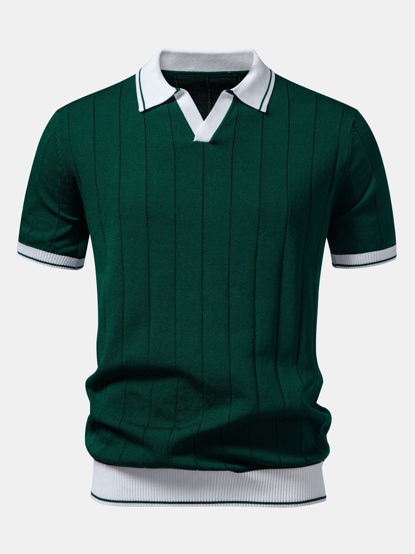 Contrast Trim Ribbed Johnny Collar Knit Polo & Elastic Waist Straight Leg Trousers