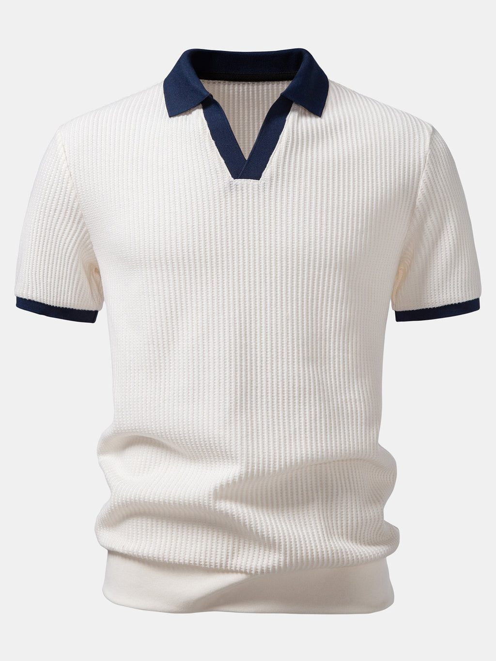 Contrast Knit Waffle Johnny Collar Polo & Drawstring Knitted Waffle Shorts