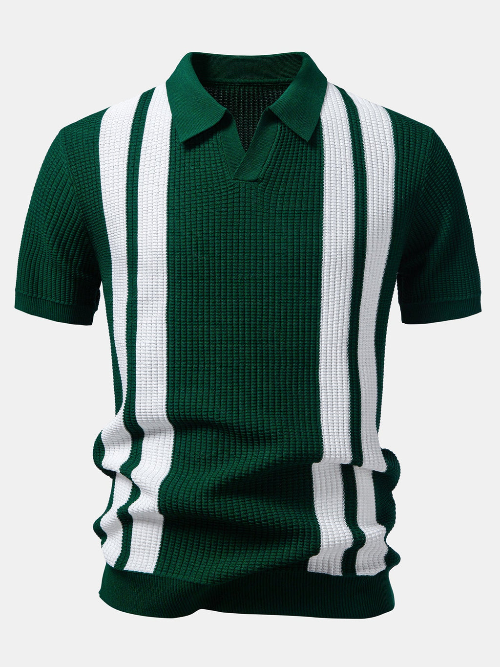 Stripe Johnny Collar Knit Polo & Straight Leg Ribbed Pants