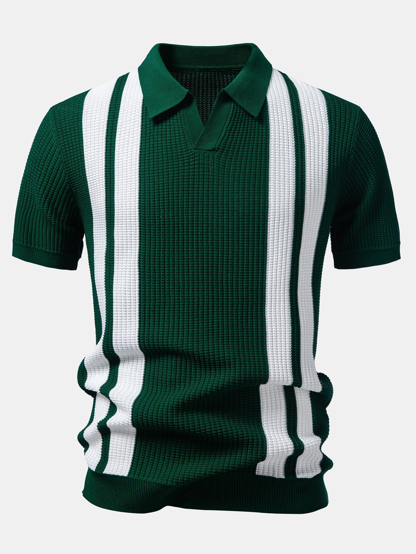 Stripe Johnny Collar Knit Polo & Straight Leg Ribbed Pants
