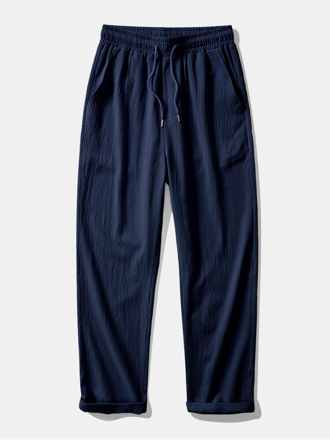 Contrast Textured Johnny Collar Knit Polo & Crinkle Textured Straight Leg Pants