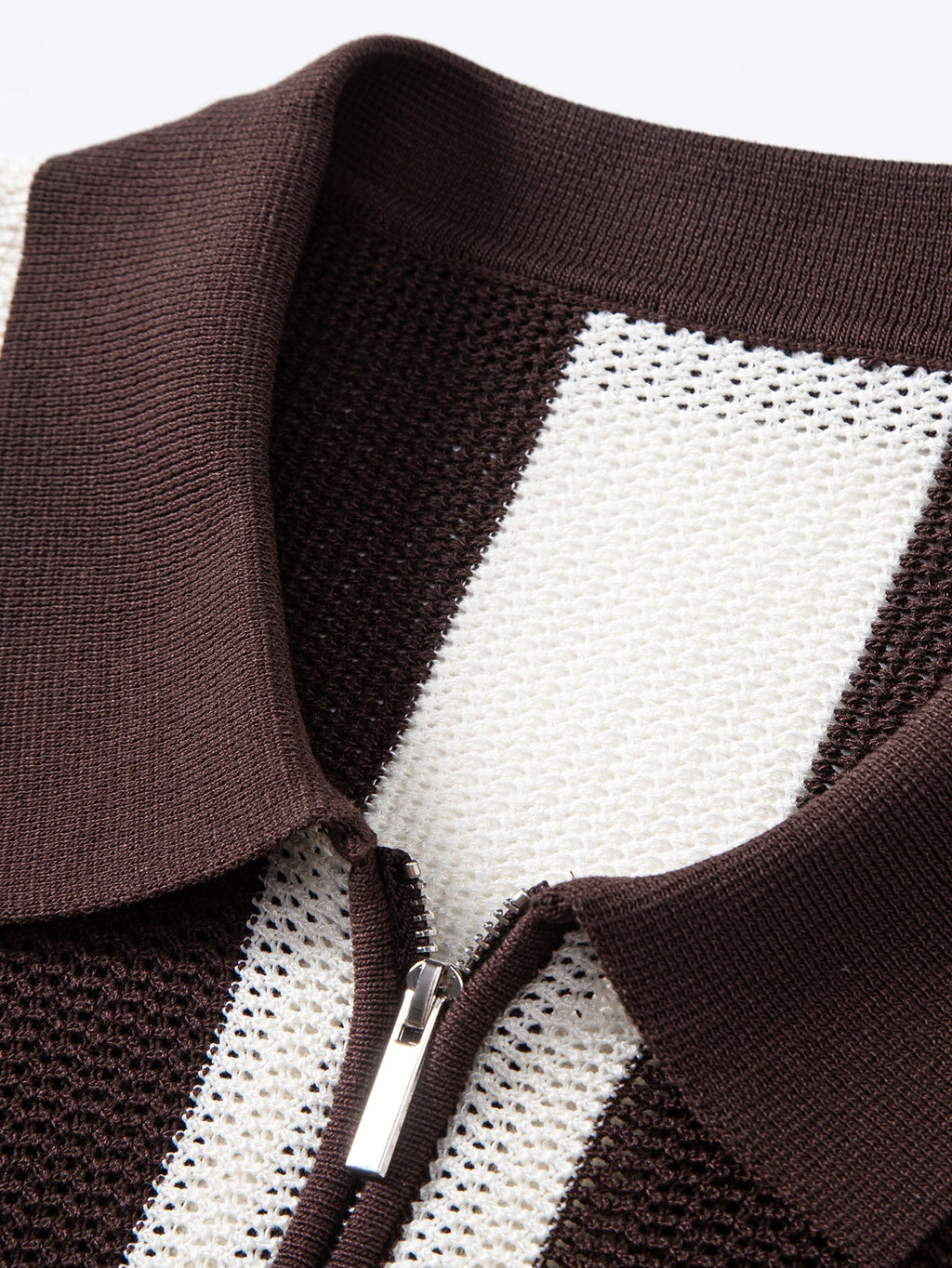 Stripe Zipper Open Knit Polo & Straight Leg Linen Pants