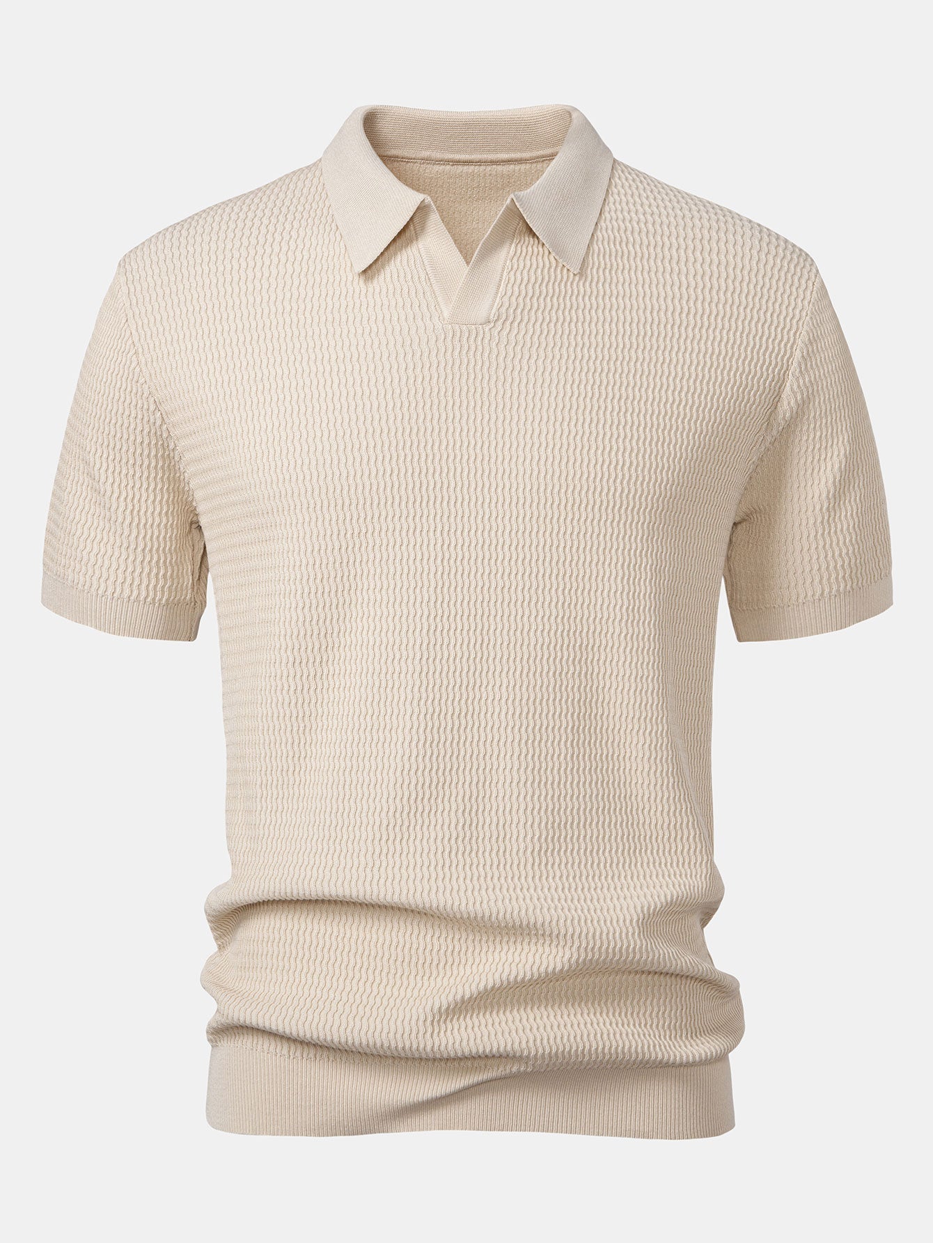 Wave Jacquard Knit V Neck Polo Shirt & Straight Leg Ribbed Pants