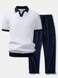 Contrast Textured Johnny Collar Knit Polo & Drawstring Knitted Waffle Pants