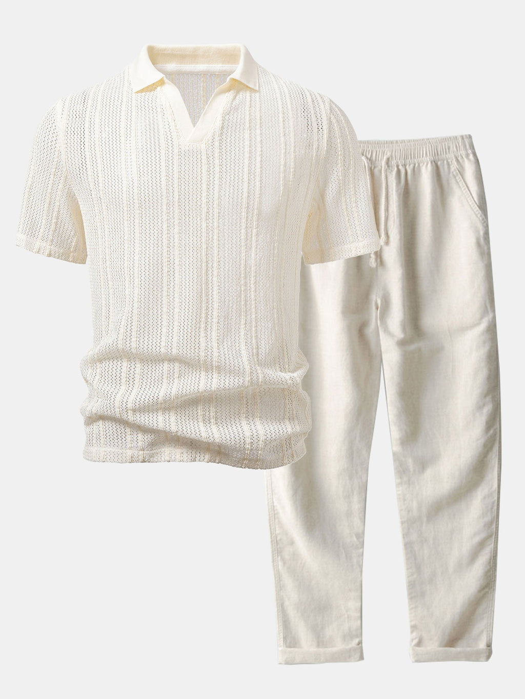 Relax Fit Striped Open Knit Polo & Straight Leg Linen Pants